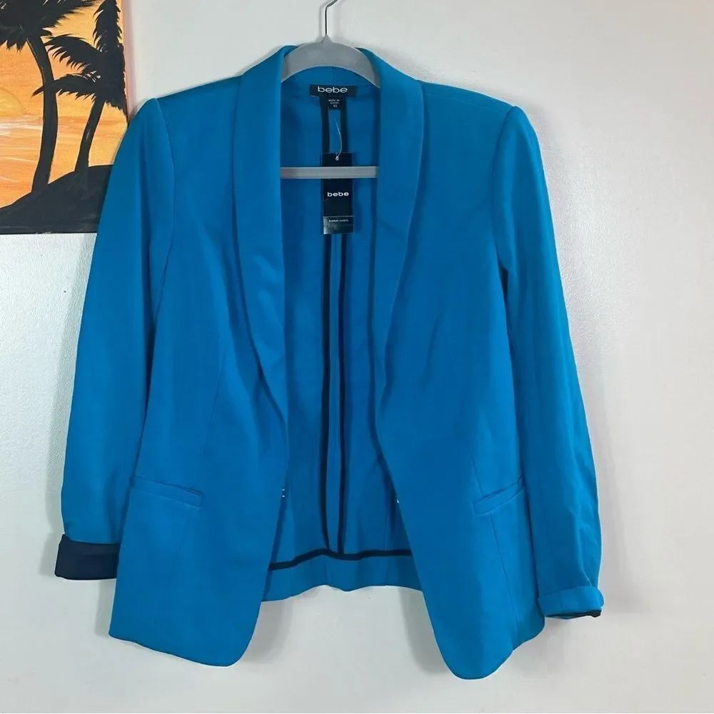 Bebe Blue Blazer with Shawl Collar and Relaxed Fit